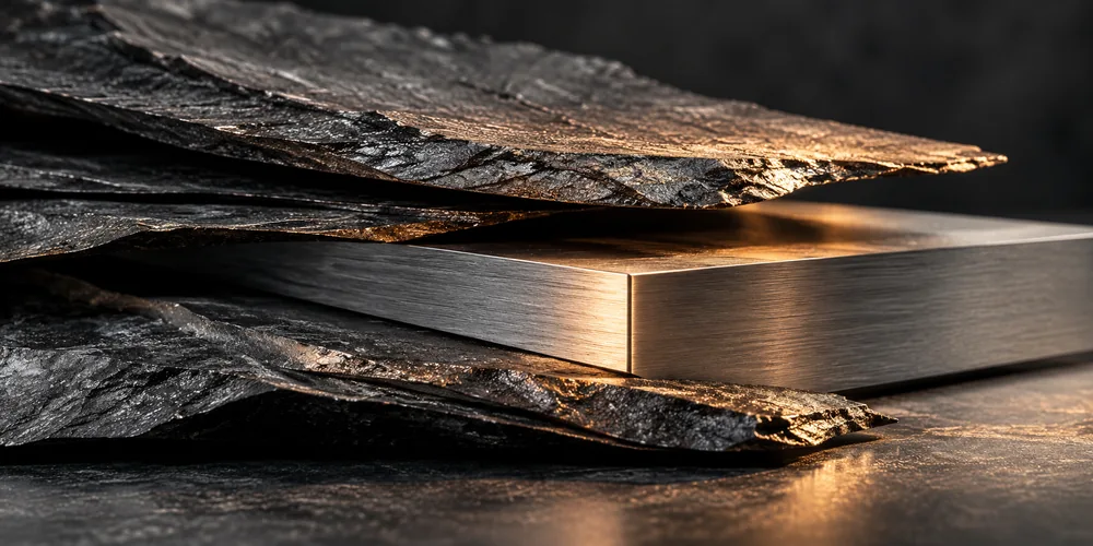 Conceptual studio study of graphite layers and a brushed metal edge in raking light.
